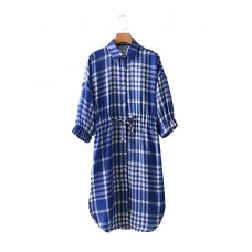 Casual Women Plaid Drawstring Waist Shirt Dress