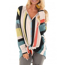 Casual Women V Neck Button Stripe Long Sleeve Blouse