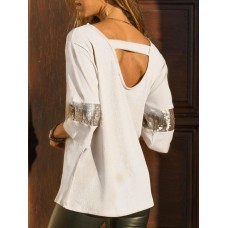 Casual Women Sequin Patchwork Backless 3/4 Sleeve Blouse