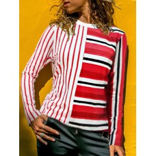 Casual Women Striped Patchwork Crew Neck Long Sleeve Blouse