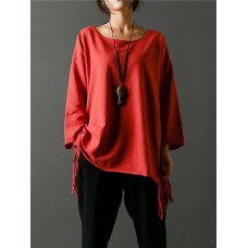 Casual Women Solid Color Scoop Neck Tassel Loose Blouse