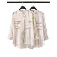 Casual Women Loose Cotton Linen Striped Button Irregular Hem Blouse with Pocket