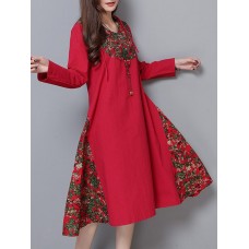 Vintage Women Cotton Linen Elegant Patchwork Hooded Dress