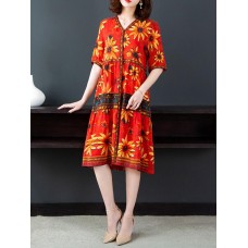 Elegant Women Floral Print V-Neck Button Short Sleeve Dress