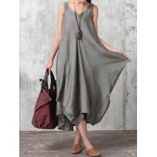 Women Casual Sleeveless V Neck Asymmetric Maxi Dress