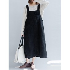 Casual Women Solid Color Loose Strap Dress with Pocket
