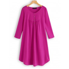 Women Long Sleeve Button Pleated Solid Color Dress