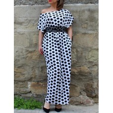 Women Polka Dot Print Off Shoulder Long Maxi Dress