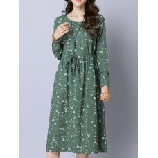 Casual Women Cotton Floral Printed Loose Long Sleeve O-Neck Dress