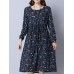 Casual Women Cotton Floral Printed Loose Long Sleeve O-Neck Dress