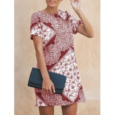 Women Short Sleeve Round Neck Floral Casual Mini Dress