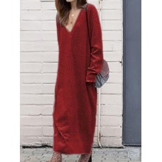 Women Long Sleeve V-neck Loose Casual Knitting Long Dress