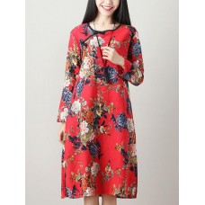 Vintage Women Loose Cotton Linen Floral Printed Split Hem Pocket Dress