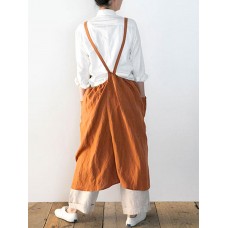 Japanese Sleeveless Straps Cotton Solid Apron Dress with Pockets