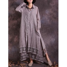 Women Vintage Cotton Linen Lace Patchwork Button Dress