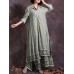 Women Vintage Cotton Linen Lace Patchwork Button Dress