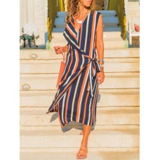 Women Sleeveless V-neck Stripe Long Shirt Dress