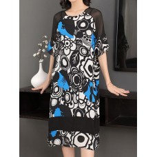 Elegant Women Short Sleeve O-neck Floral Print Dress