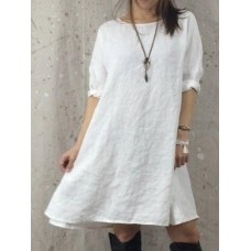 Women Casual Cotton Linen Pure Color 3/4 Sleeve Dress