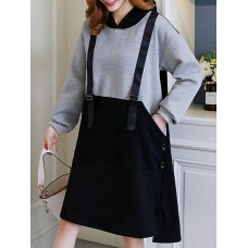 Women Casual Two Pieces Patchwork Thick Sweatshirt Dress with Pocket