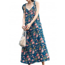 Casual Women Loose Floral Print V-Neck Strap Dress
