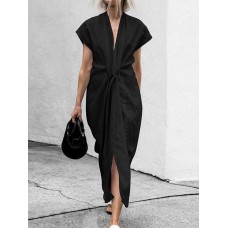 Women Short Sleeve V Neck Solid Belted Split Maxi Dress