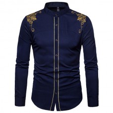 Chic Euramerica Palace Style Embroidery Slim Fit Band Collar Shirts for Men
