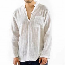 Mens Vintage Breathable Thin V-neck Solid Color Loose Casual Shirts with Chest Pocket