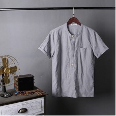 Mens Vintage Solid Color Tops Short Sleeve Casual Shirts