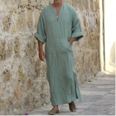 TWO-SIDED Mens Kaftan Vintage Loose V Neck Splits Long Dress Long Sleeve Tops Shirts