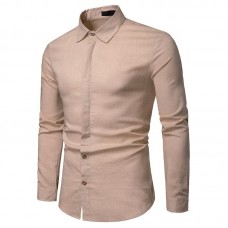 Mens Linen Casual Long Sleeve Turn Down Collar Solid Color Shirts