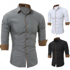 Mens Personality Contrast Color Casual Solid Color Slim Designer Shirt