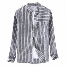 Mens Vintage Cotton Breathable Striped Loose Comfy Long Sleeve Casual Shirts
