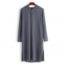 Mens Vintage Hooded Tunic Style Shirts Long Robe Tops