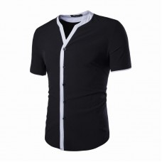 Mens Summer Contrast Color Splice V Neck Short Sleeve Tops Shirts