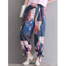 Women Floral Print Elastic Waist Casual Pockets Pants