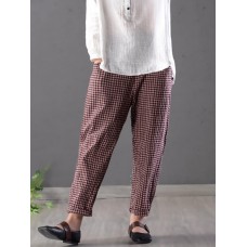Women Casual Checke Plaid Cotton Loose Waist Pants with Pocket
