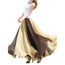 Bohemian Chiffon Contrast Color Patchwork Elastic Waist Pleated Maxi Skirts For Women