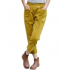 Women Solid Color Big Pocket Elastic Waist Corduroy Pants