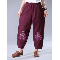 Vintage Women Embroidery High Elastic Waist Pants