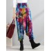 Retro Women Color-block Folk Style Elastic Waist Pants