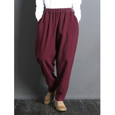 Women Casual Solid Color Elastic Waist Pants With Pocket