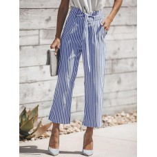 Women High Drawstring Waist Stripe Casual Slim Pants