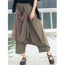 Wide Leg Women Cotton Linen Solid Color Elastic Waist Irregular Pants