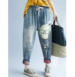 Women Patchwork Cartoon Loose Elastic Waist Denim Jeans