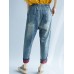 Women Patchwork Cartoon Loose Elastic Waist Denim Jeans