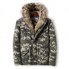 Mens Camo Printing Thick Faux Fur Collar Winter Jacket Casual Coat