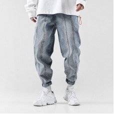 Men Denim Stitching Beam Feet Youth Harem Pants