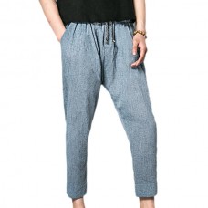 Chinese Style Men's Cotton Linen Casual Calf-Length Pants Summer Breathable Elastic Waist Harem Pant