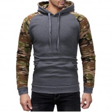 Men Camouflage Stitching Drawstring Top Breathable Big Front Pocket Hoodies Sweatshirts